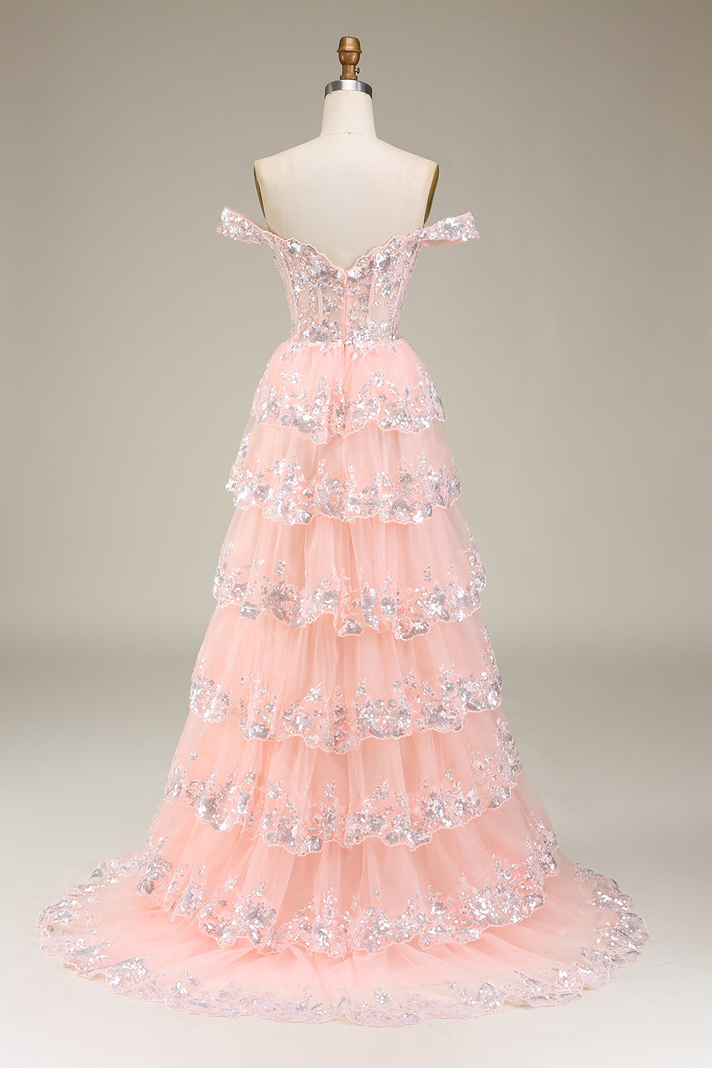 Vestido de Fiesta Largo Rosa con Hombros Descubiertos, Línea A, Princesa, con Aplicaciones