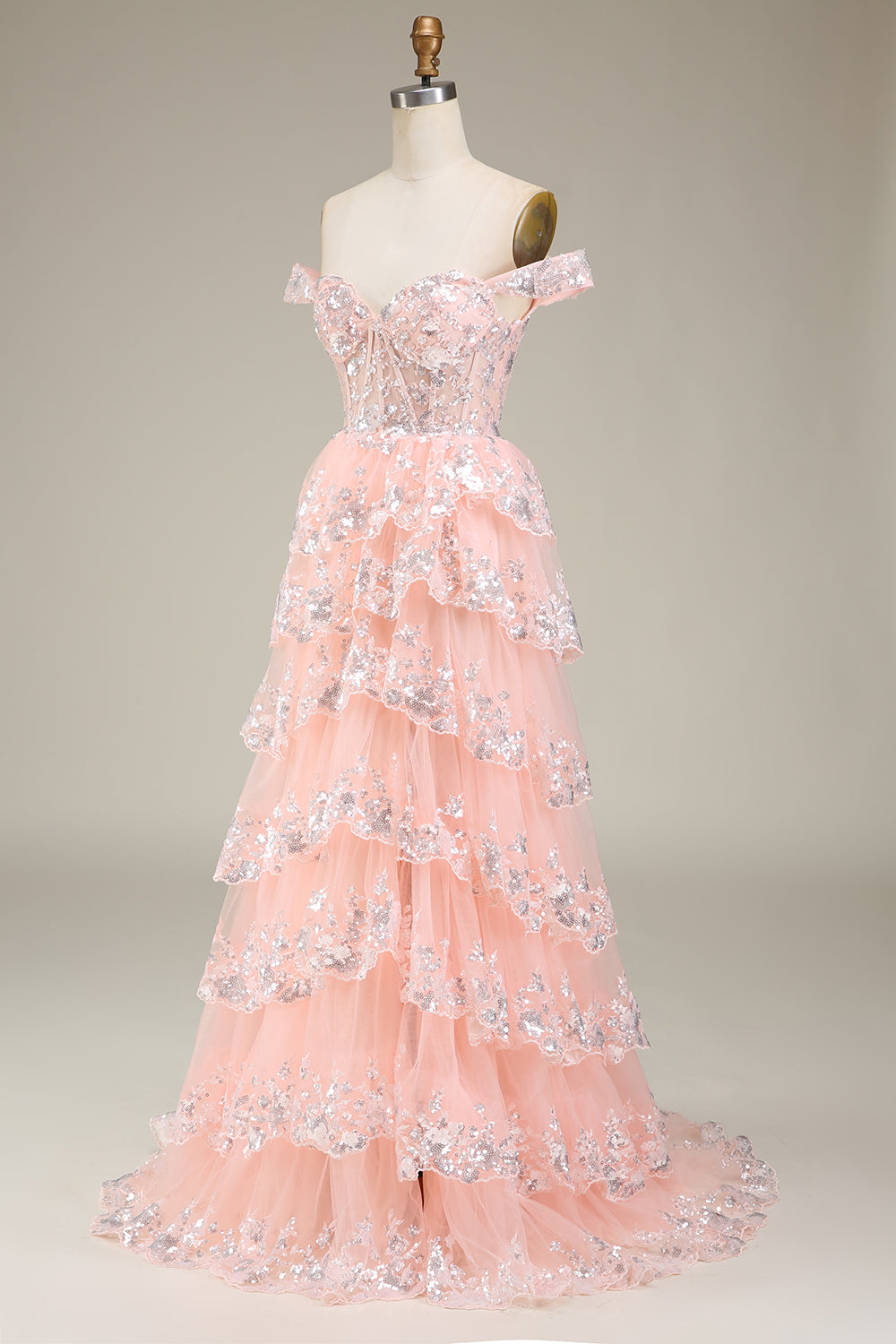 Robe de bal bustier dorée à volants et fendue