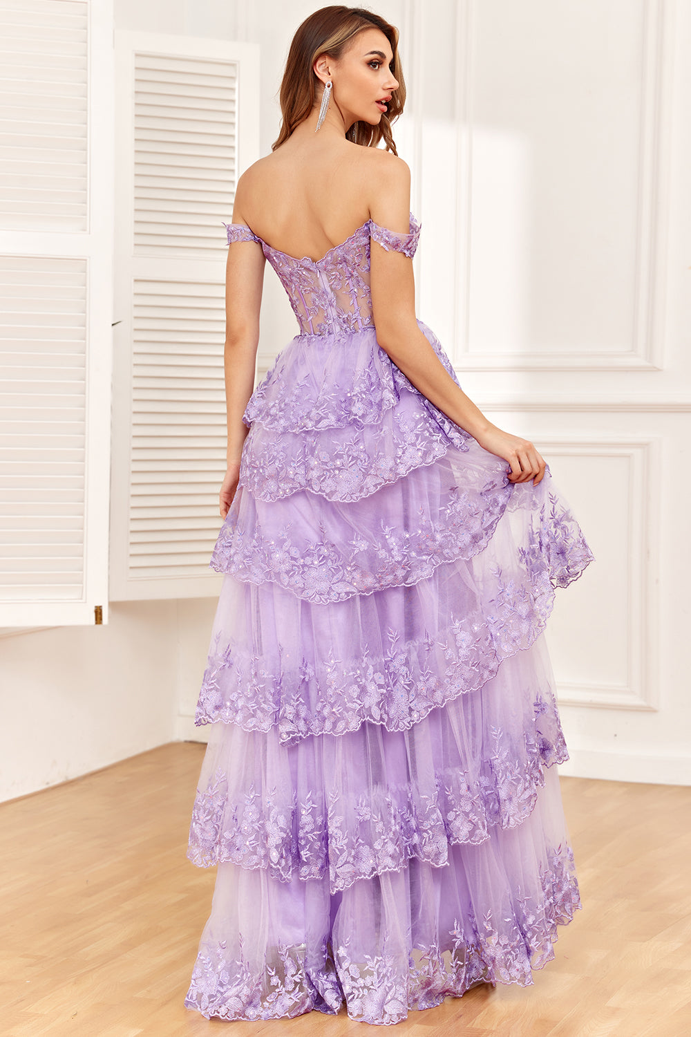Blush Off the Shoulder Corset Sequin Tiered Prom Dress with Slit