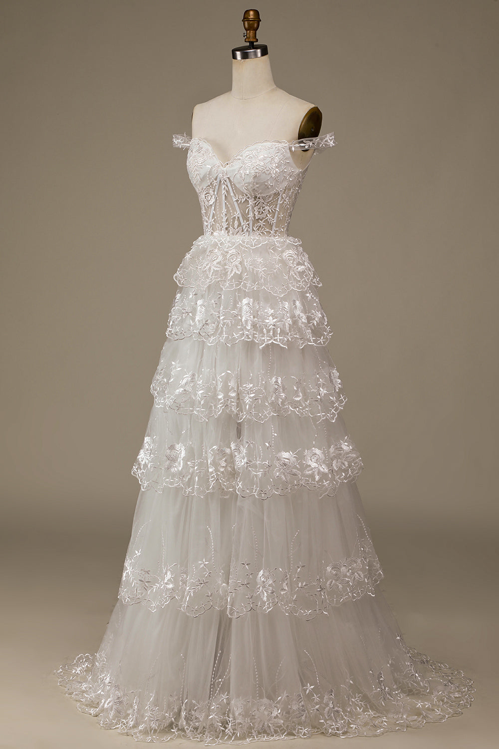 Robe de mariée bustier à volants en dentelle blanche pailletée avec fente
