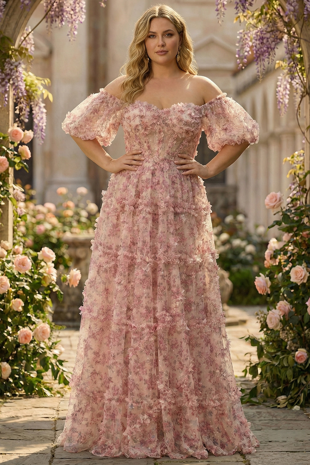 Ivory Red Floral A-Line Sheer Boned Corset Off The Shoulder Long Plus Size Prom Dress