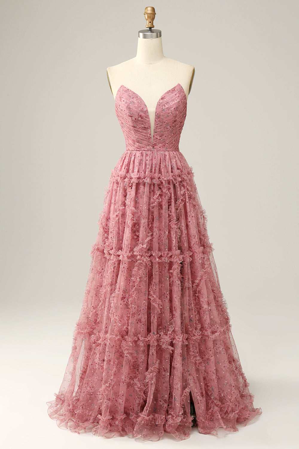 Robe de bal trapèze en mousseline florale violette Sweetheart avec volants