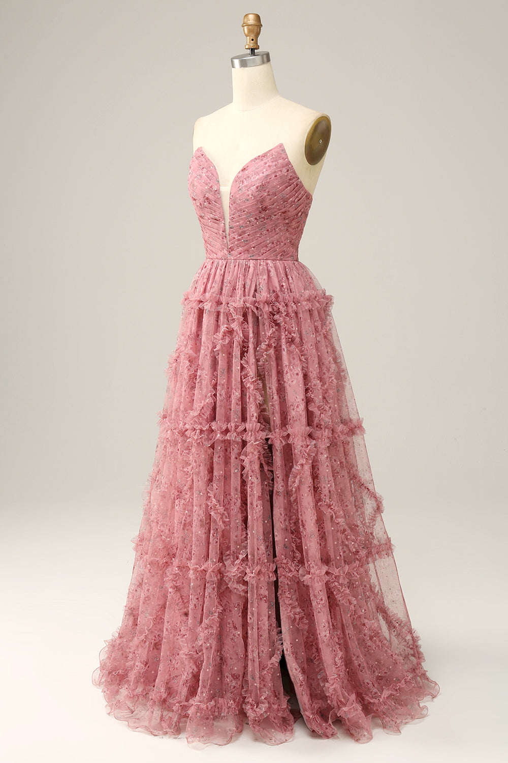 Robe de bal trapèze en mousseline florale violette Sweetheart avec volants