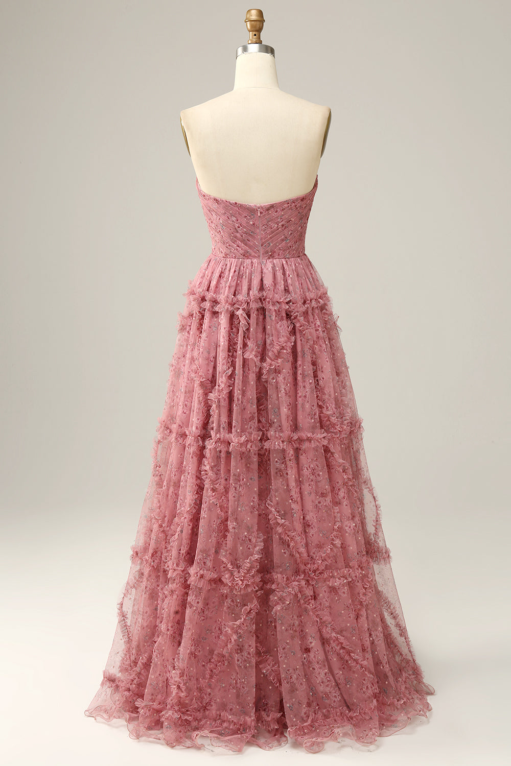 Robe de bal trapèze en mousseline florale violette Sweetheart avec volants