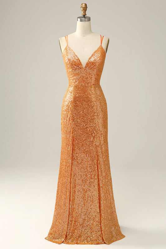 Vestido de gala de sirena sin espalda con lentejuelas naranjas