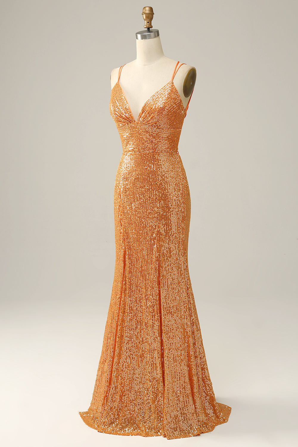 Robe de bal sirène dos nu orange à sequins
