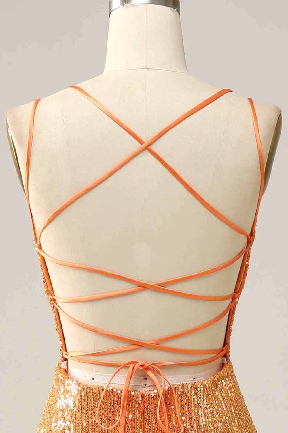 Robe de bal sirène dos nu orange à sequins