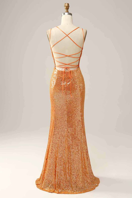 Vestido de gala de sirena sin espalda con lentejuelas naranjas