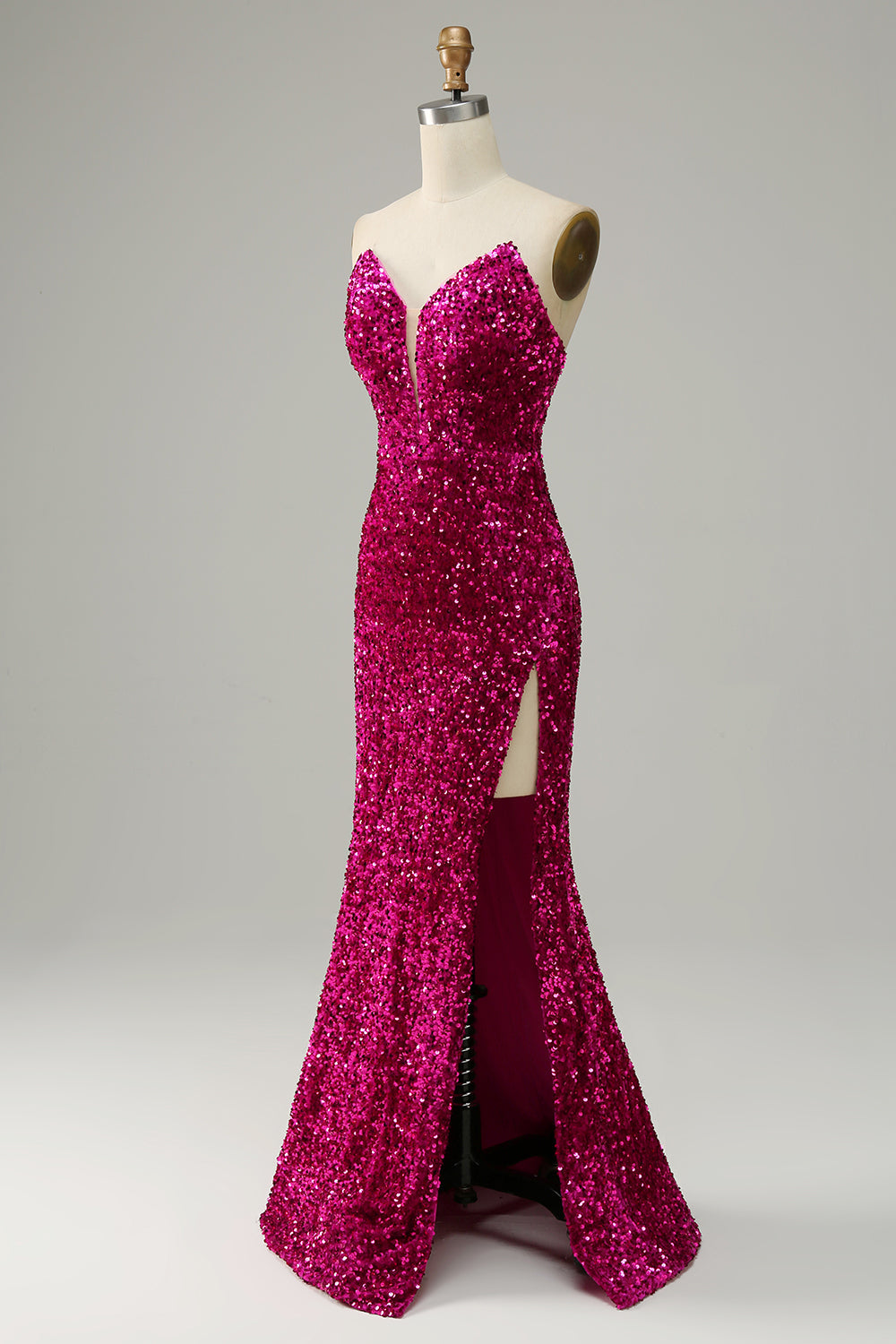Robe de bal bustier fendue à paillettes rose vif