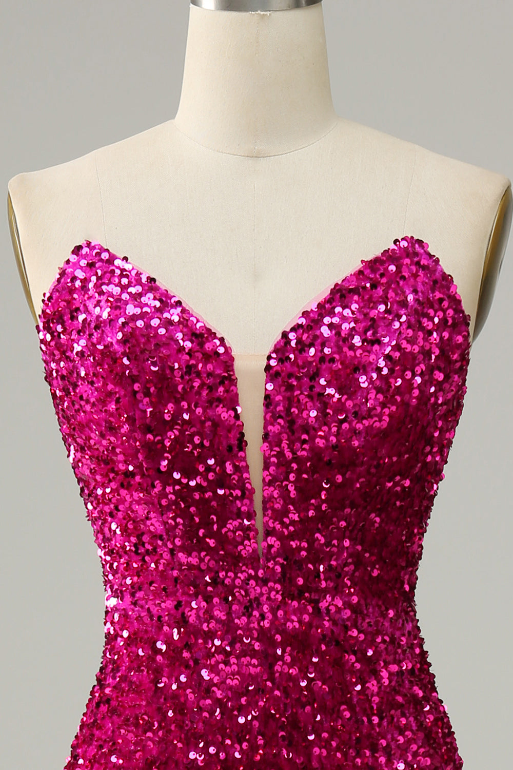 Robe de bal bustier fendue à paillettes rose vif