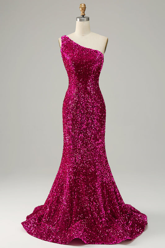 Vestido de fiesta de sirena con lentejuelas y un solo hombro