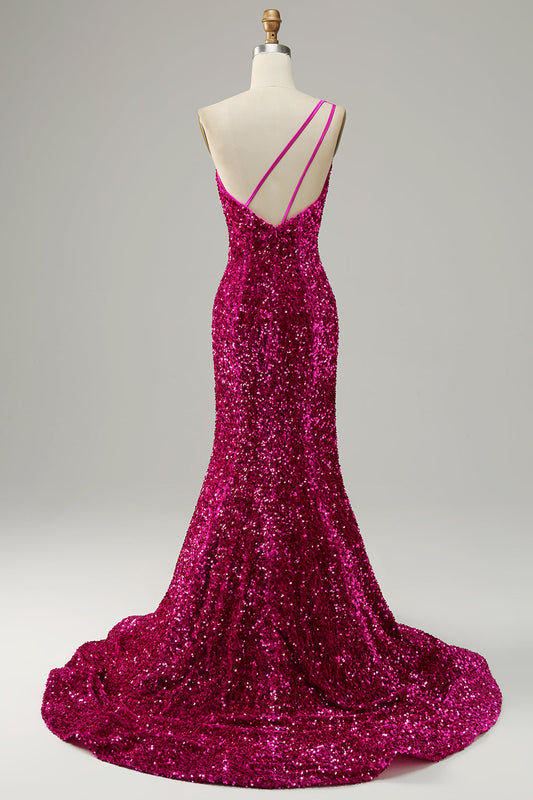 Vestido de fiesta de sirena con lentejuelas y un solo hombro
