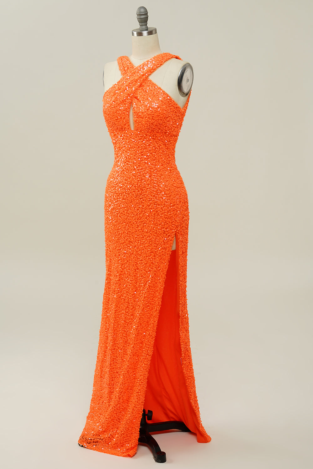 Robe de bal sirène dos nu à sequins orange et licou