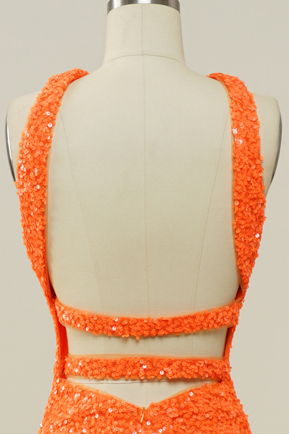 Robe de bal sirène dos nu à sequins orange et licou