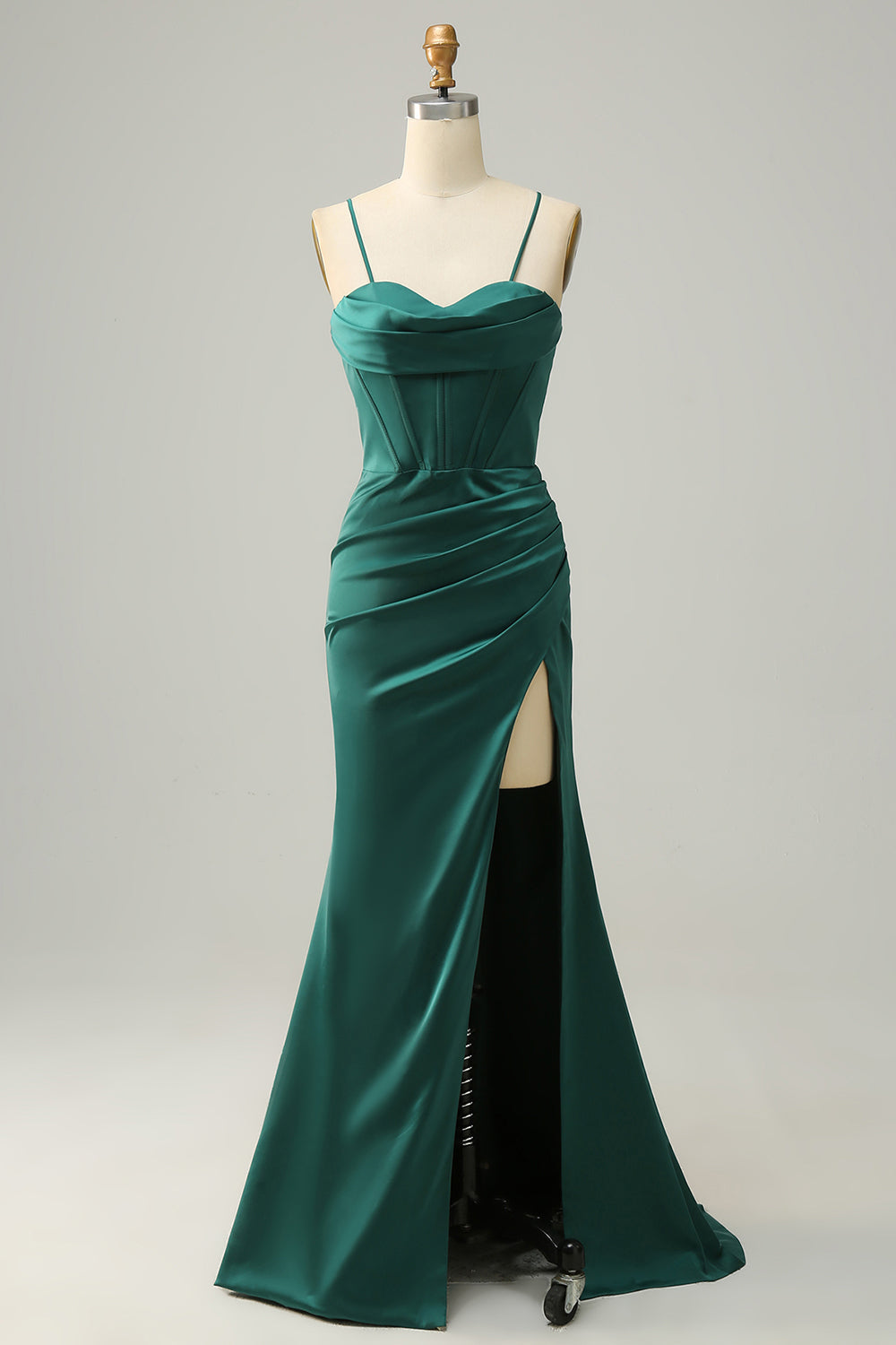 Robe de bal sirène longue vert foncé à fines bretelles avec fente sur le devant