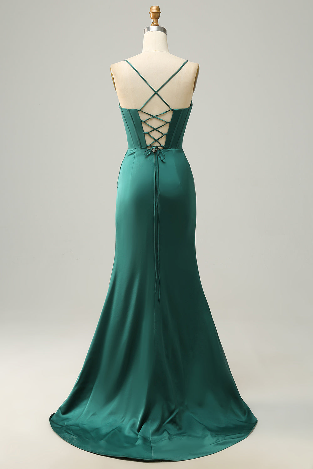 Robe de bal sirène longue vert foncé à fines bretelles avec fente sur le devant