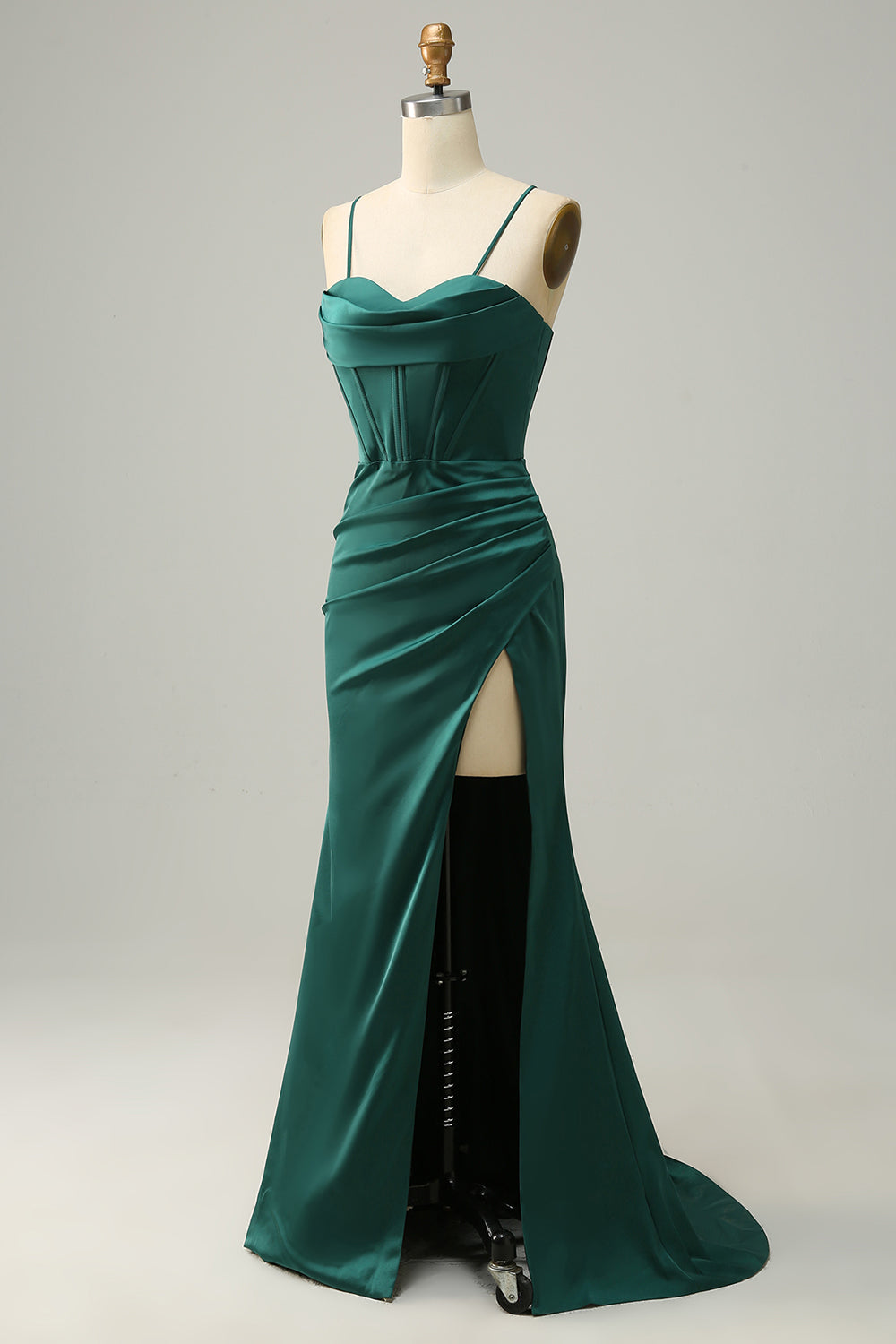 Robe de bal sirène vert foncé à fines bretelles
