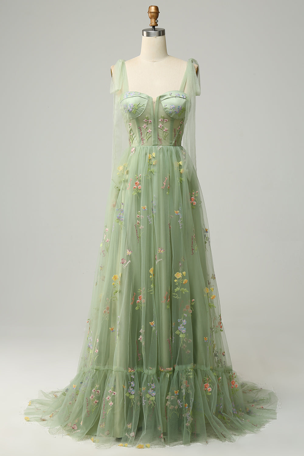 Robe de bal longue corset brodée lilas coupe trapèze