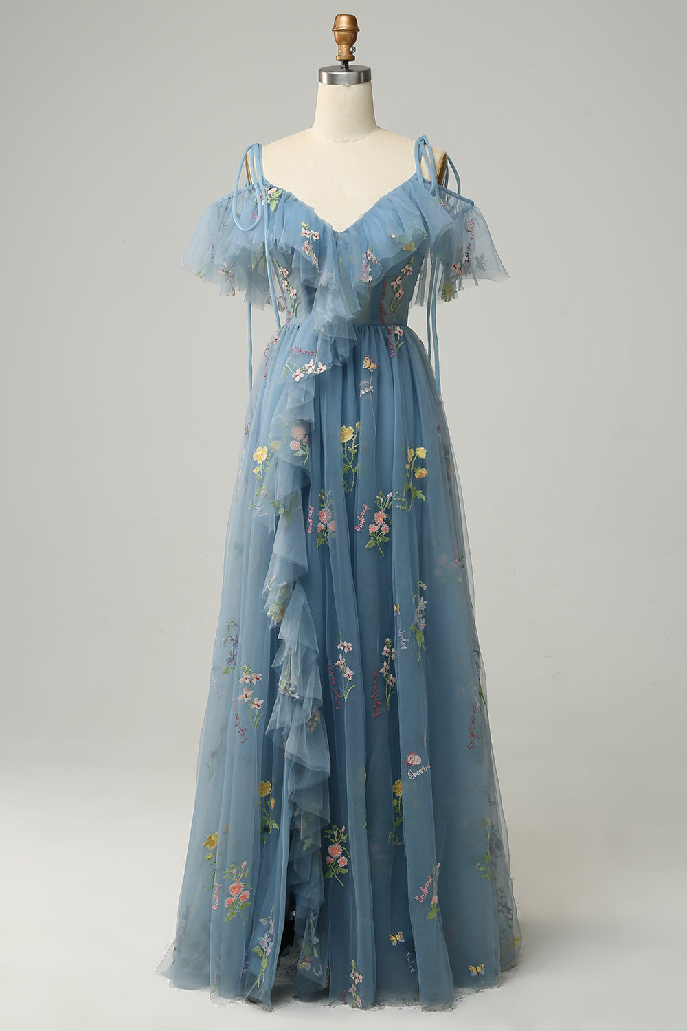 Robe de soirée longue verte, ligne A, décolleté en V, bretelles spaghetti, broderies, avec fente