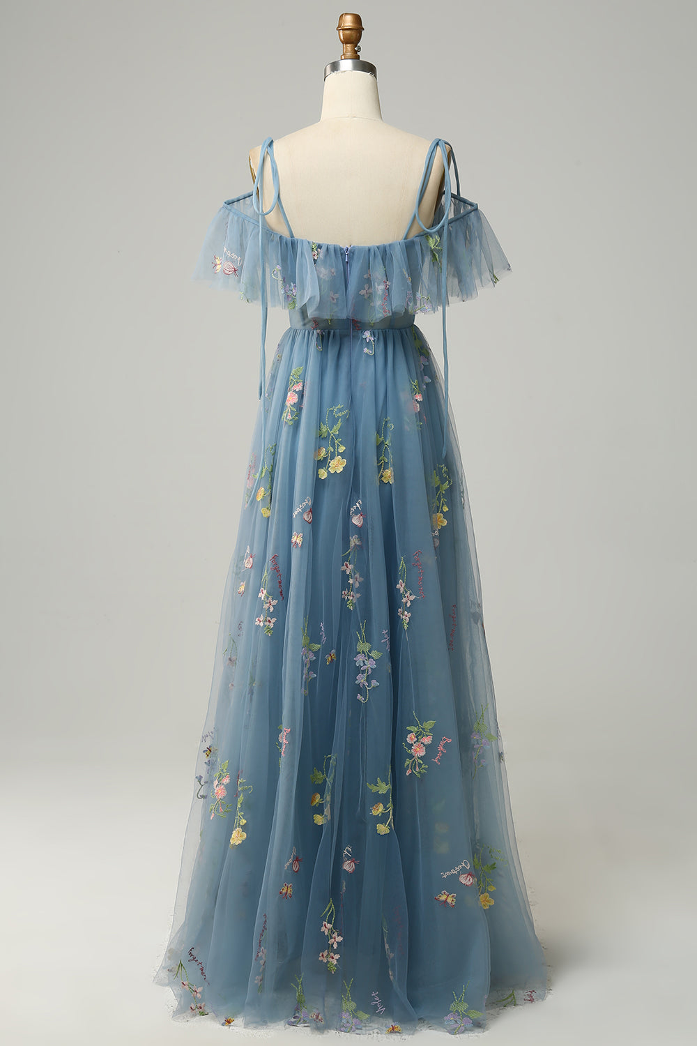 Robe de soirée longue verte, ligne A, décolleté en V, bretelles spaghetti, broderies, avec fente