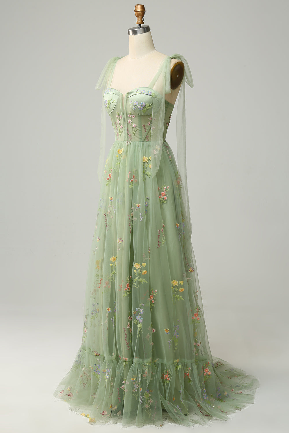 Robe de bal longue en tulle brodé gris-bleu à corset évasé