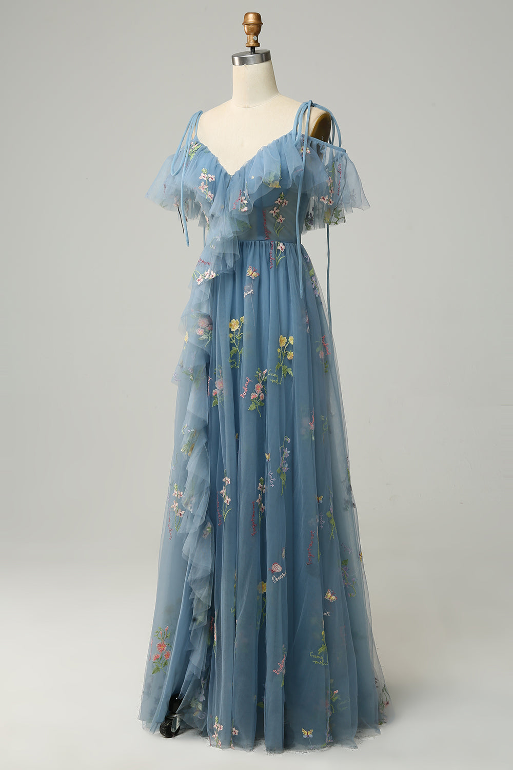 Robe de soirée longue verte, ligne A, décolleté en V, bretelles spaghetti, broderies, avec fente