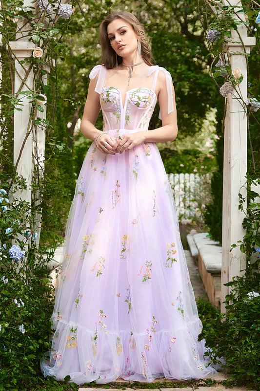 Vestido de Noche Largo Corsé Lila Bordado Línea A