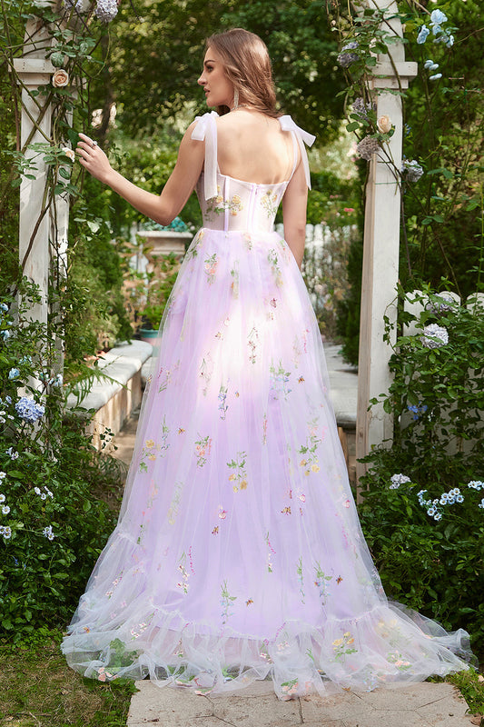 Vestido de Noche Largo Corsé Lila Bordado Línea A