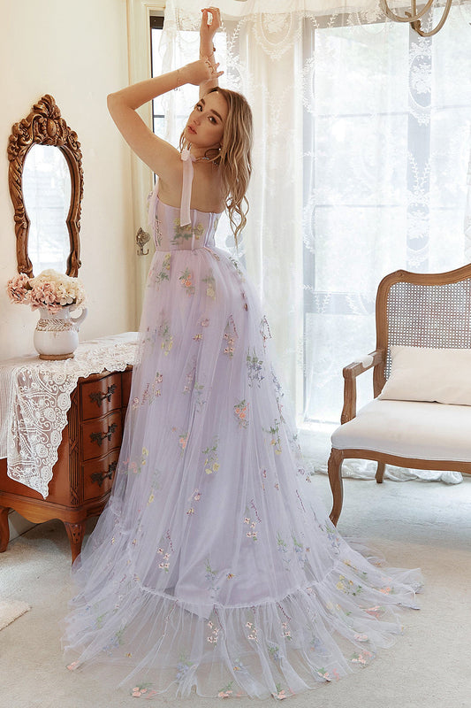 Lavender Tulle A-Line Corset Plus Size Prom Dress with Embroidered