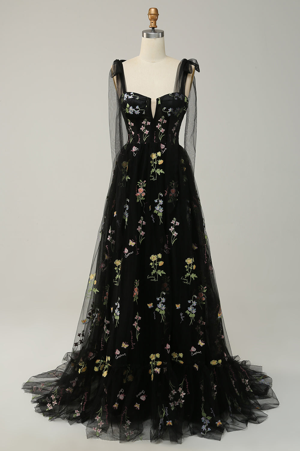Robe de bal longue en tulle brodé gris-bleu à corset évasé
