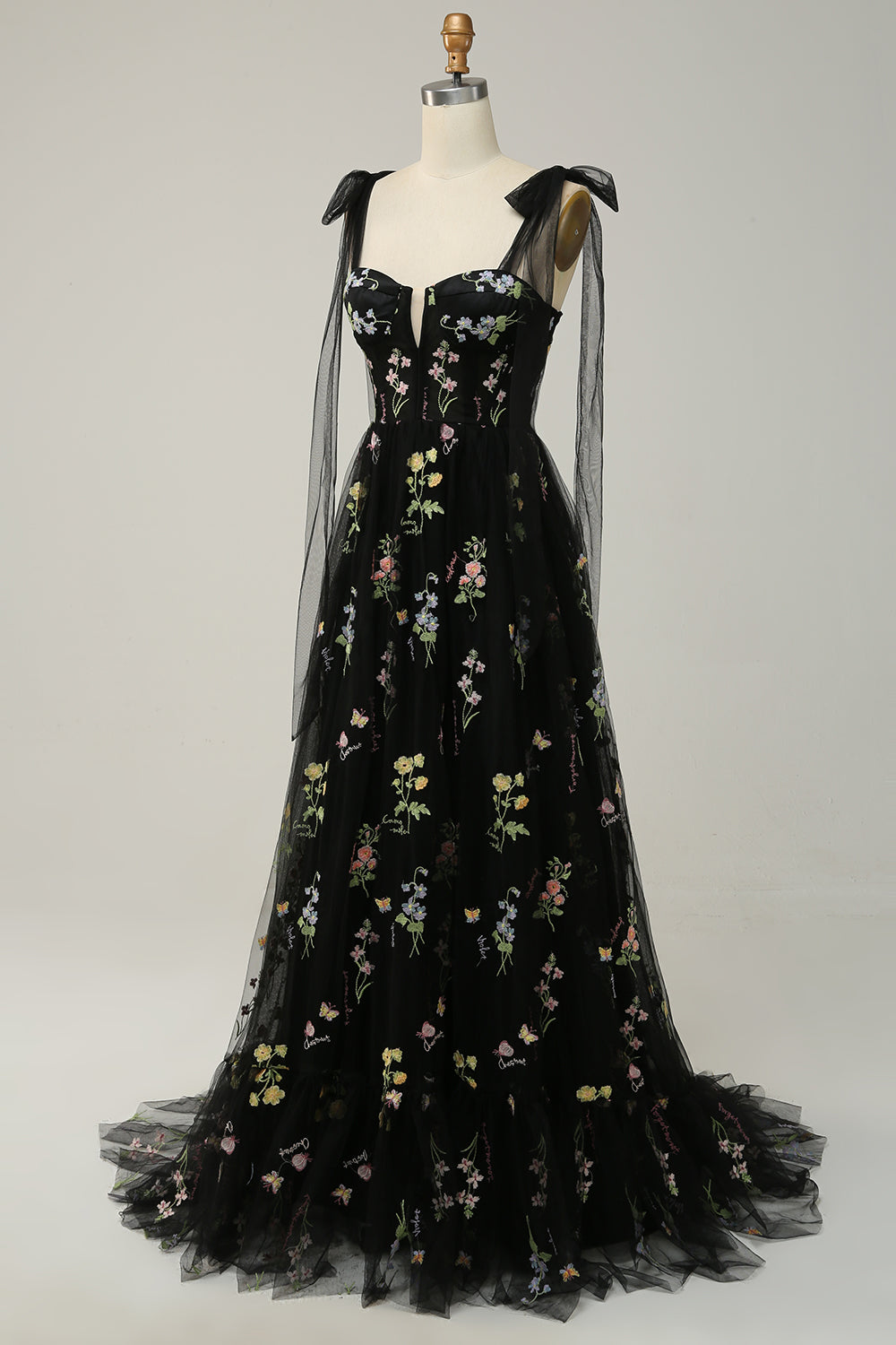 Robe de bal longue en tulle brodé gris-bleu à corset évasé