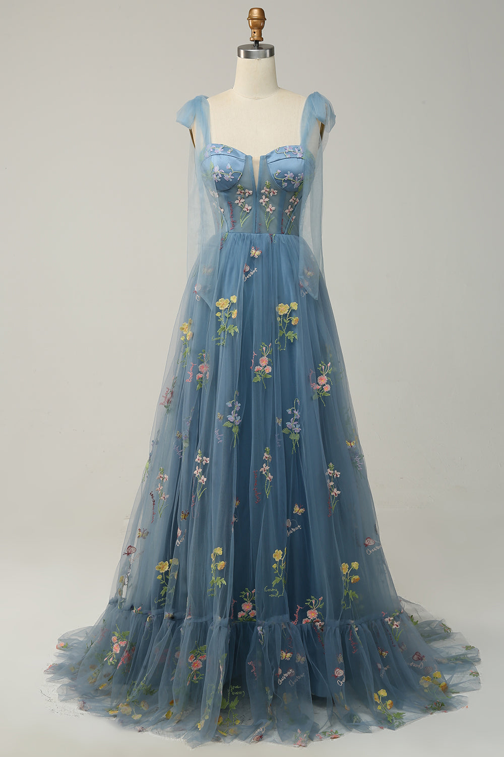 Robe de bal longue en tulle brodé gris-bleu à corset évasé