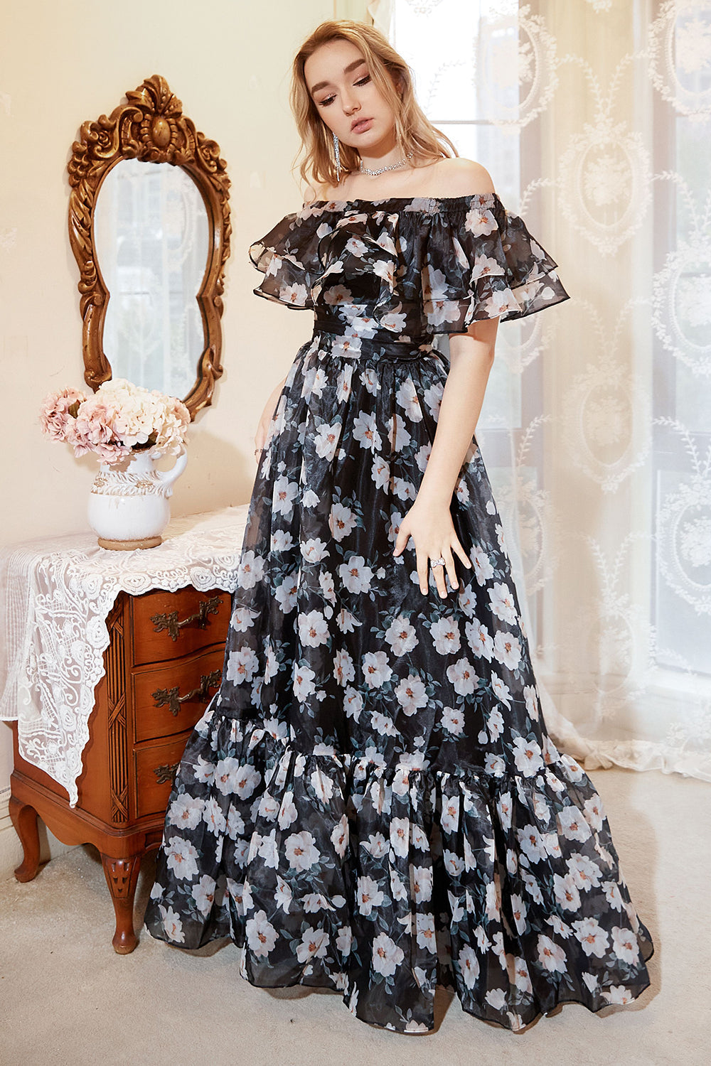 Detachable Strapless Black Flower Off The Shoulder Prom Dress