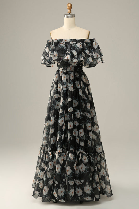 Detachable Strapless Black Floral Off The Shoulder Prom Dress