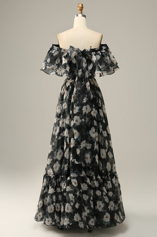 Detachable Strapless Black Floral Off The Shoulder Prom Dress