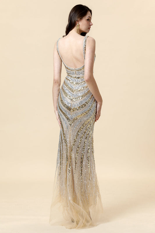 Sheath Deep V-Neck Golden Beaded Evening Gown with Slit