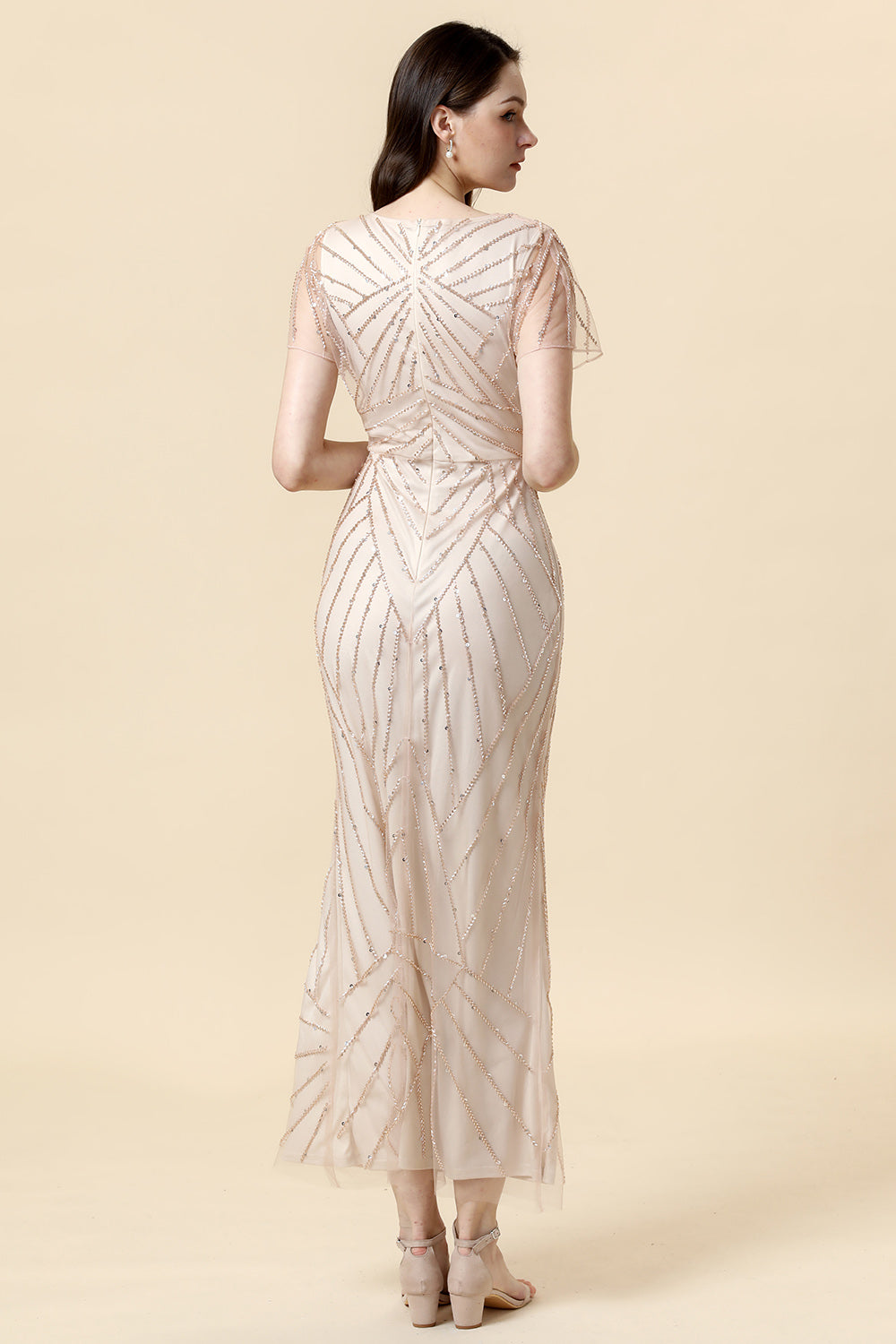 Fourreau Col en V Kaki Clair Robe de Mère de la Mariée avec Perles