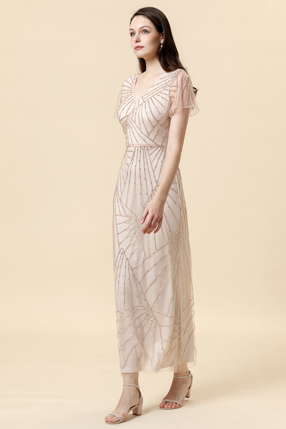 Fourreau Col en V Kaki Clair Robe de Mère de la Mariée avec Perles