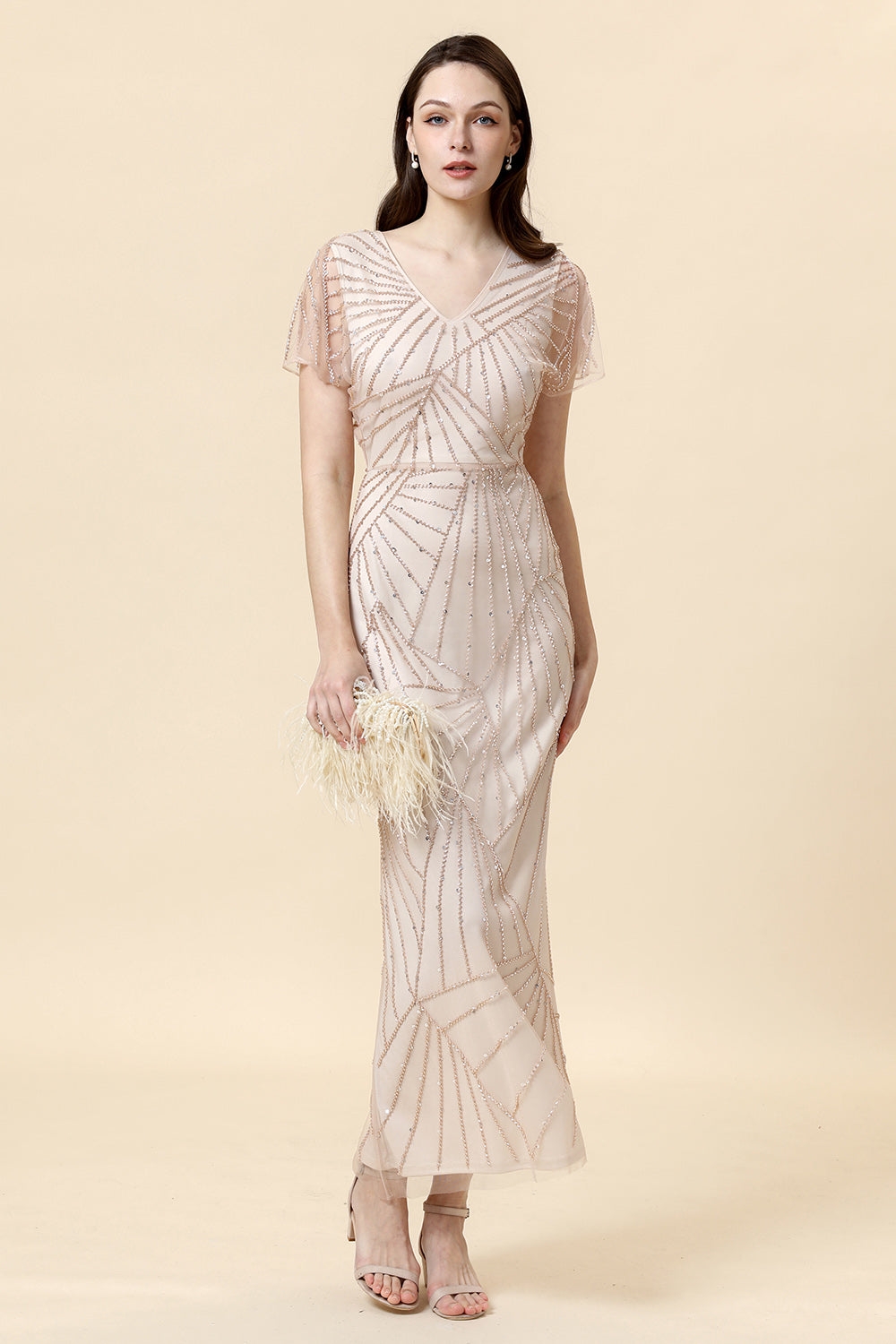 Fourreau Col en V Kaki Clair Robe de Mère de la Mariée avec Perles
