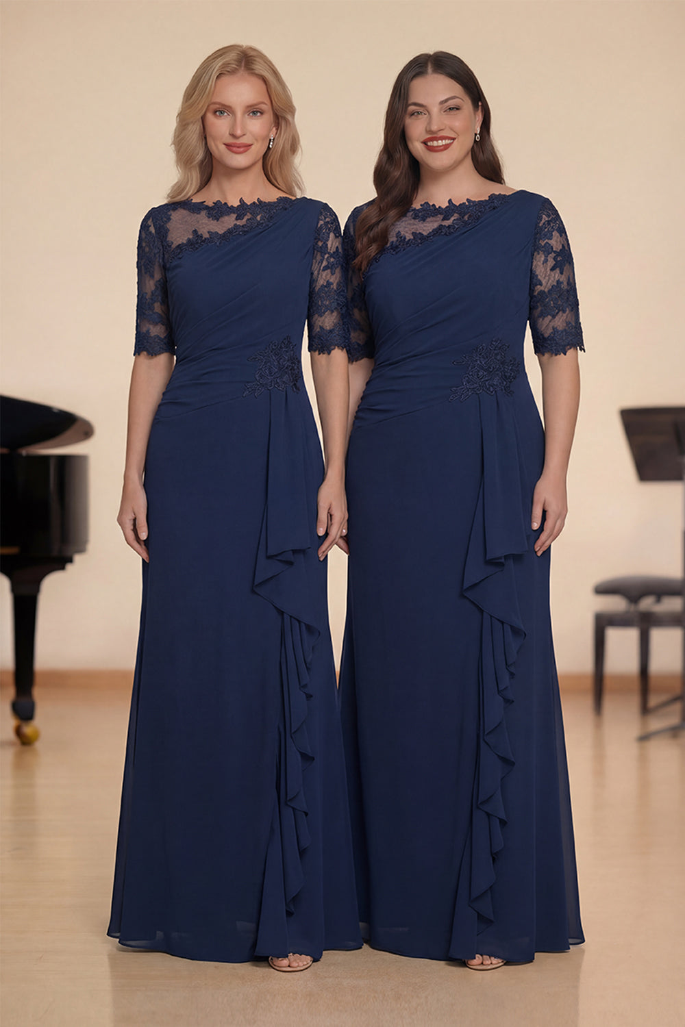 Navy Sheath Ruffled Half Sleeves Long Choir Dress with Appliques