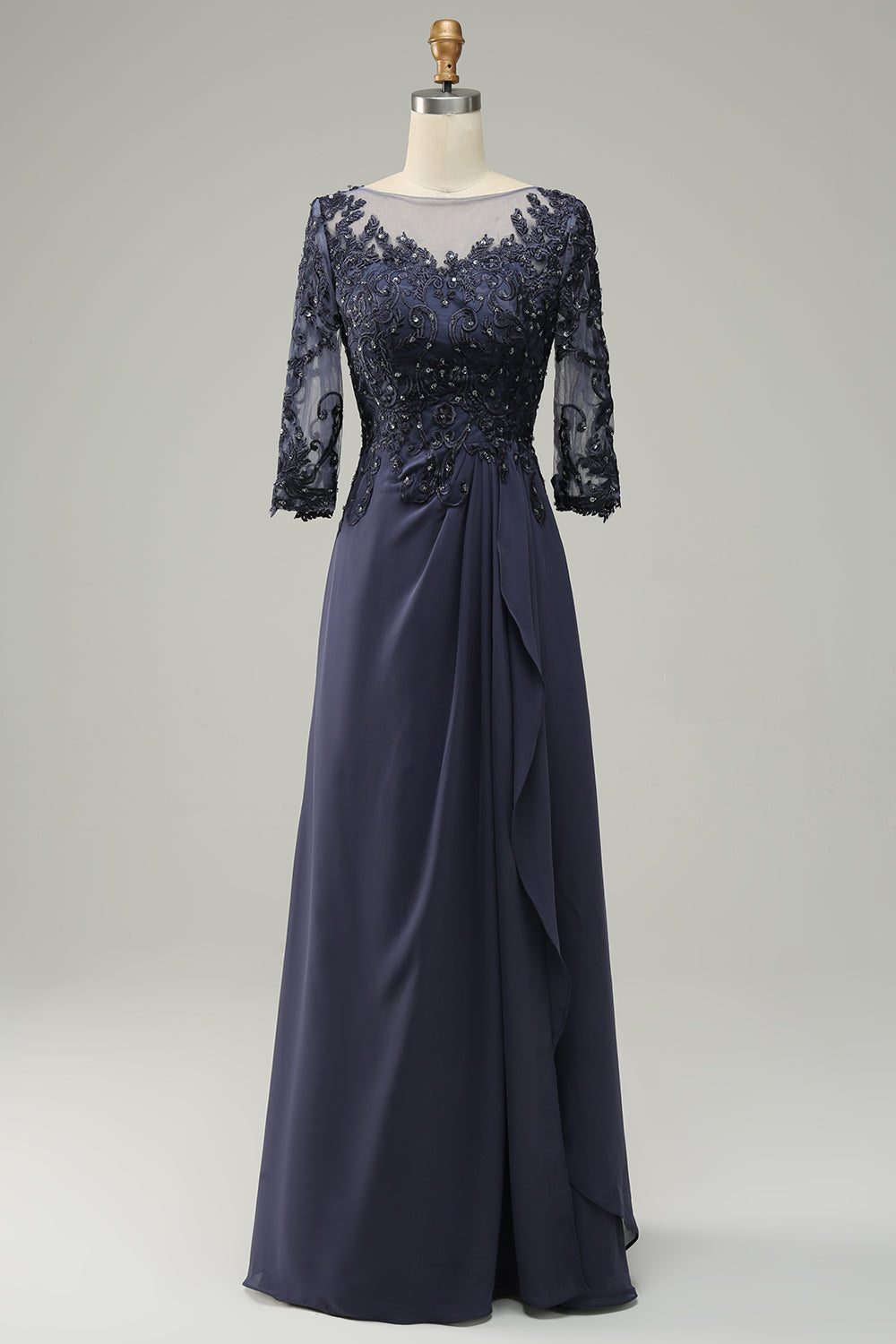 Grey-Blue A-Line Choir Dress with Half Sleeves and Embroidery
