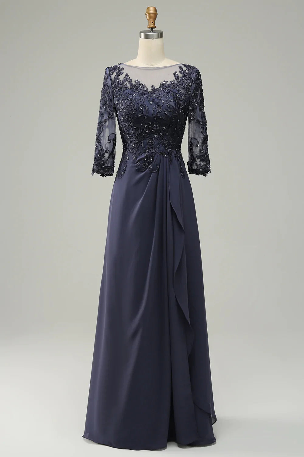 Robe bleue de mère de la mariée à manches longues avec des appliques