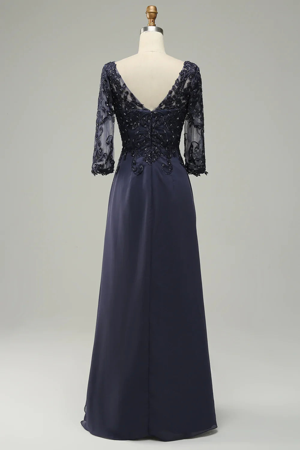 Robe bleue de mère de la mariée à manches longues avec des appliques
