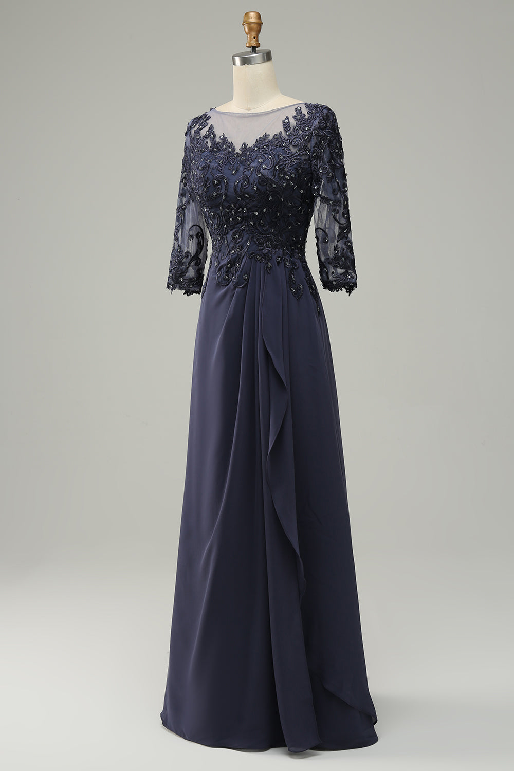 Grey-Blue A-Line Choir Dress with Half Sleeves and Embroidery