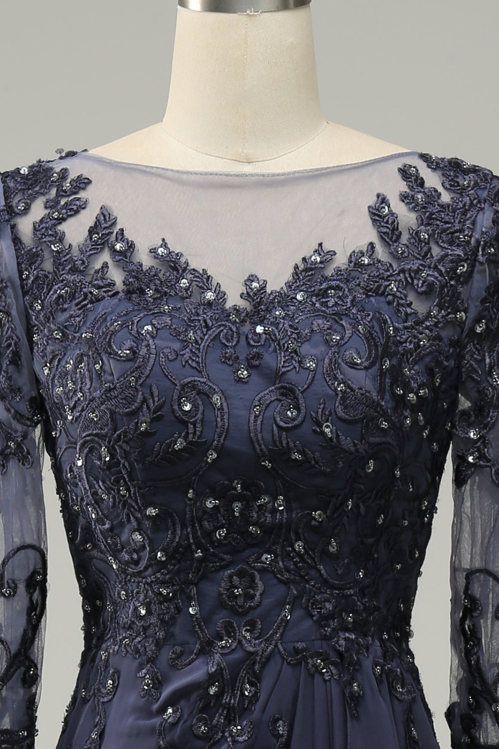 Grey-Blue A-Line Choir Dress with Half Sleeves and Embroidery