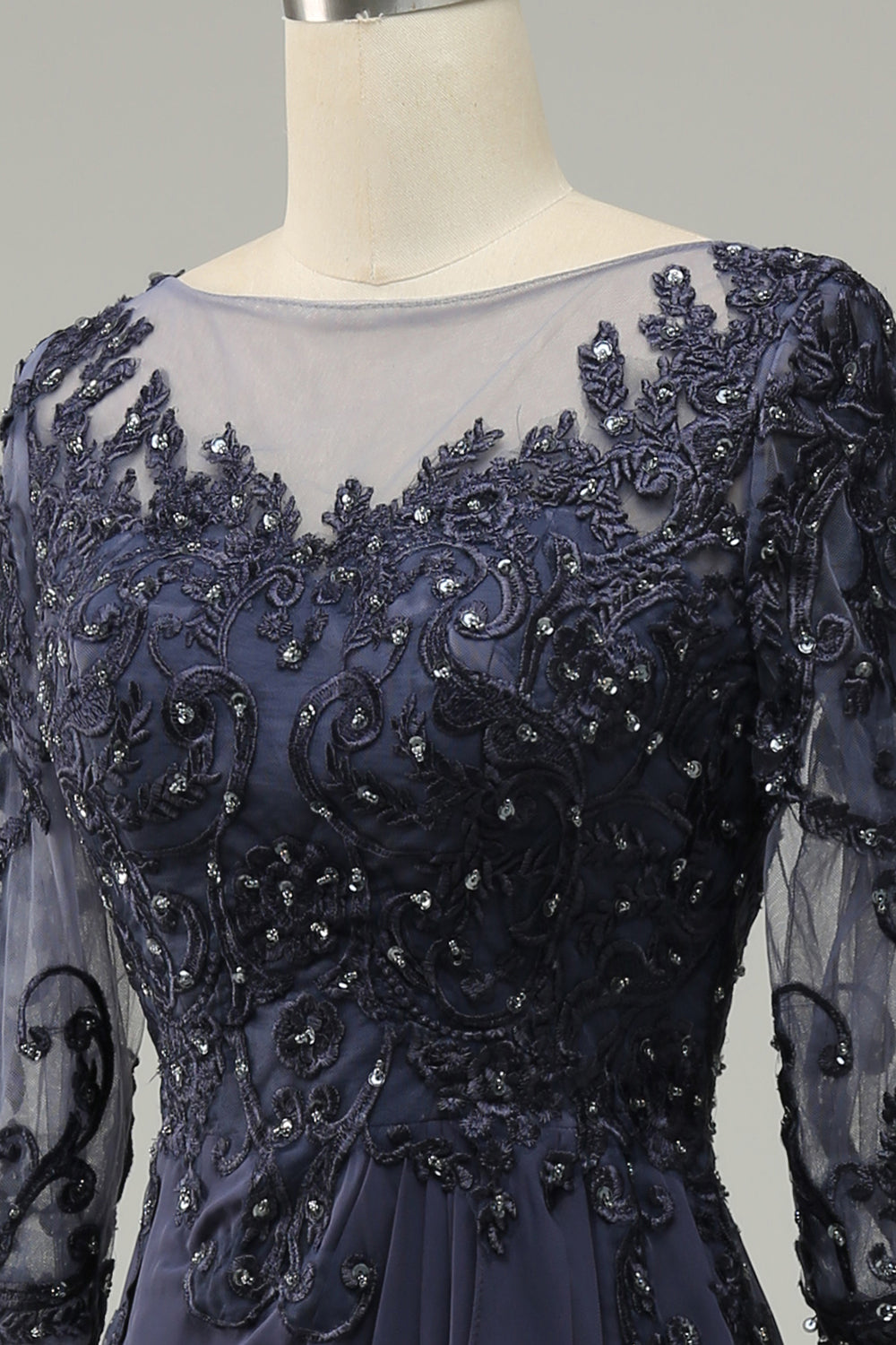 Grey-Blue A-Line Choir Dress with Half Sleeves and Embroidery