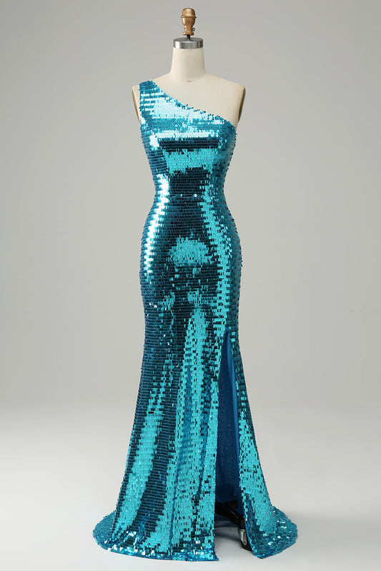 Sparkly Blue Sequins One-Shoulder Long Prom Dress with Slit