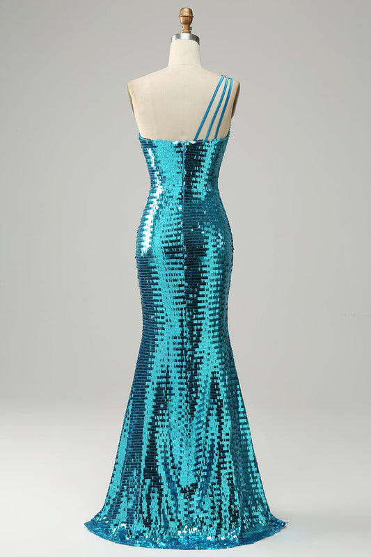 Sparkly Blue Sequins One-Shoulder Long Prom Dress with Slit