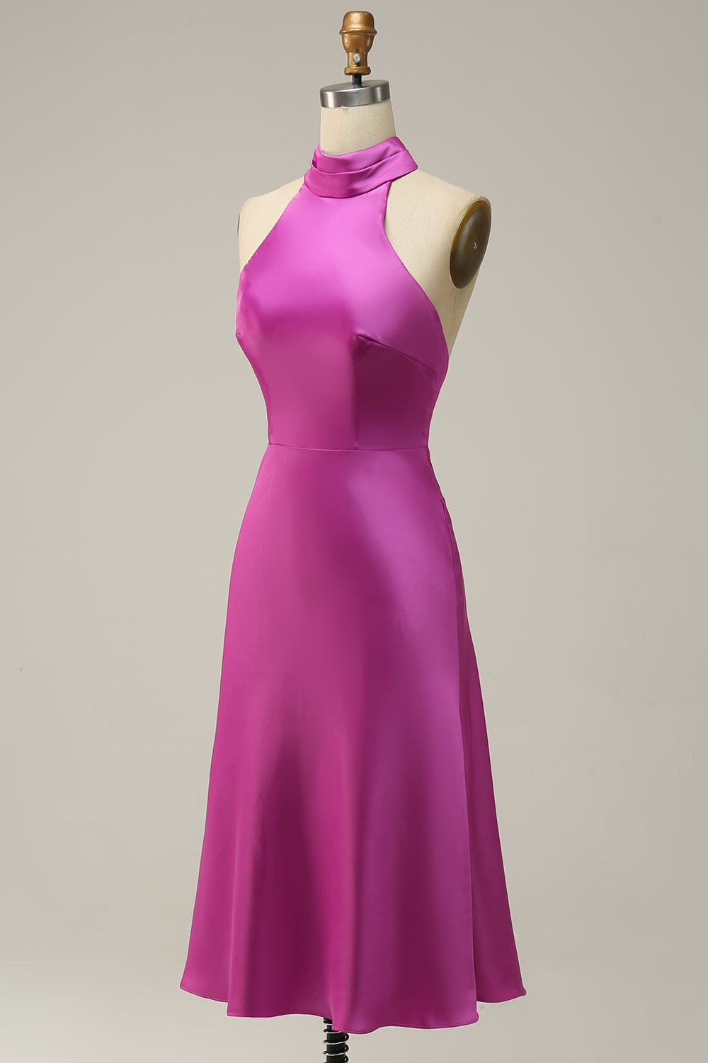 Fuchsia Satin Halter Bridesmaid Dress