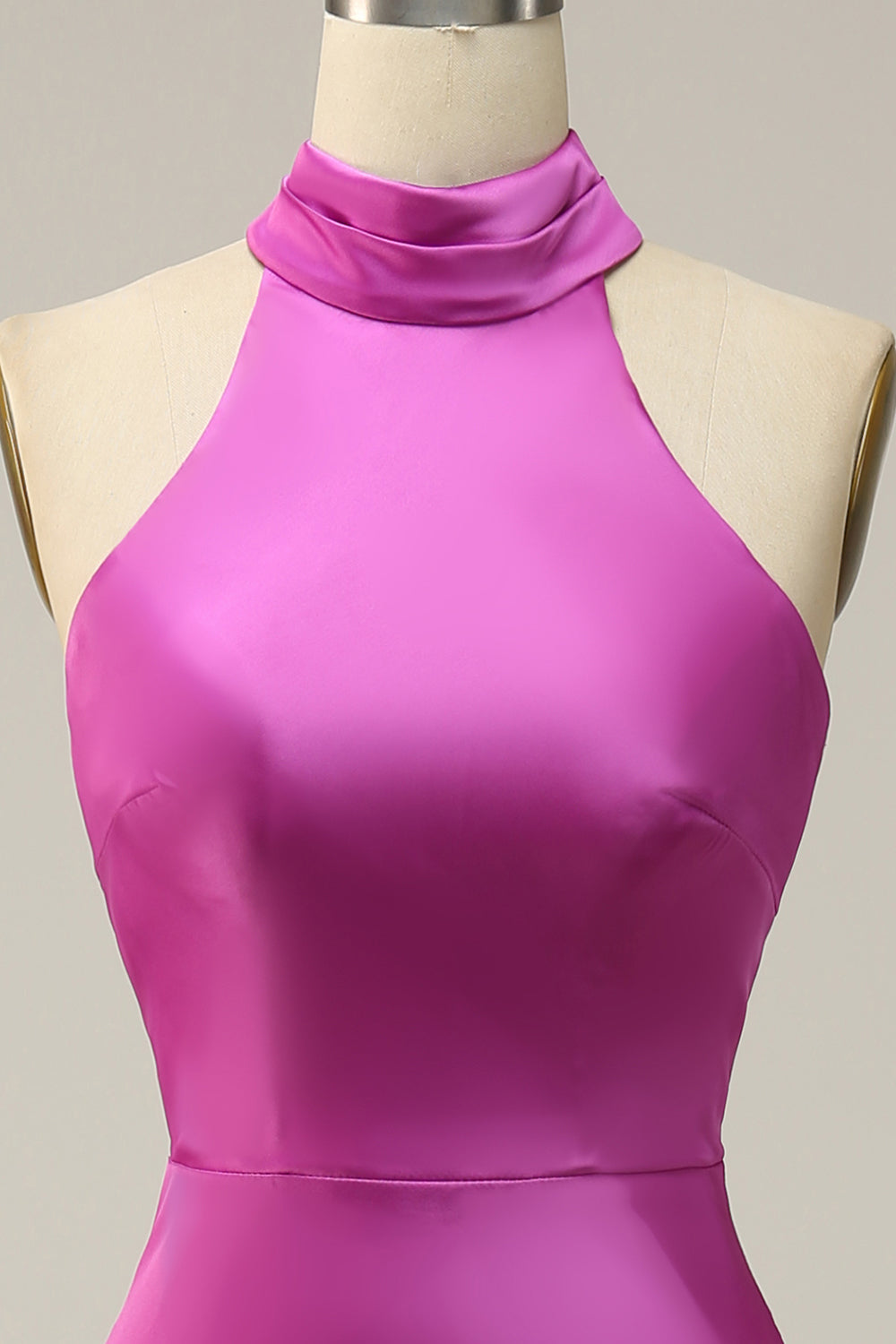 Fuchsia Satin Halter Bridesmaid Dress